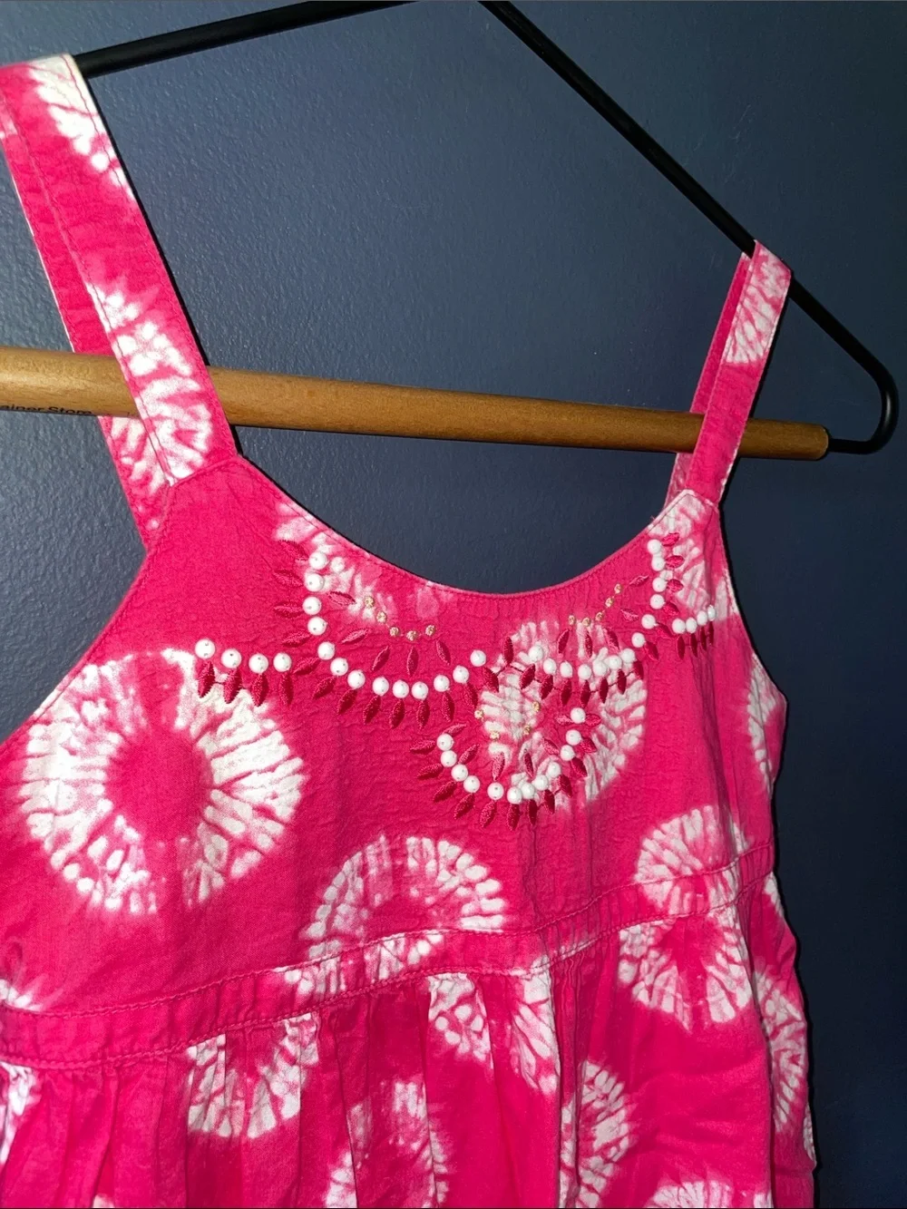 Calyso St. Barth x Target Poplin Cotton Beaded Tie Dye Maxi Sundress, Ruffle Hem